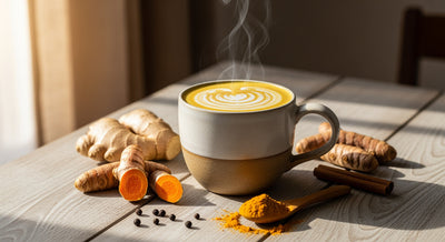 Taza de latte con cúrcuma y jengibre sobre una mesa de madera