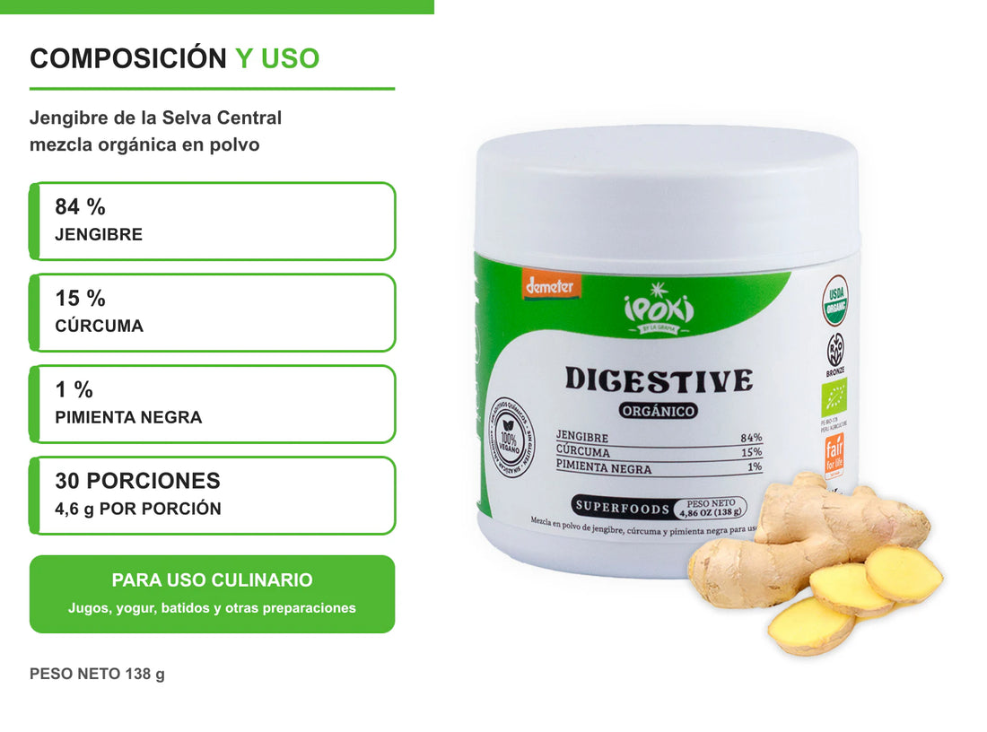 Frasco Digestive Ipoki junto a composición de 84 % jengibre, 15 % cúrcuma y 1 % pimienta negra