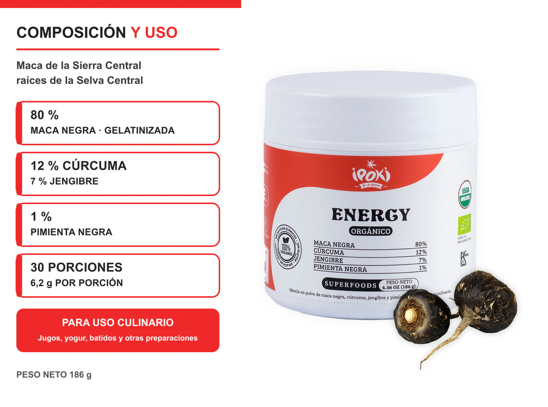 Frasco Energy Ipoki junto a composición de 80 % maca negra gelatinizada, 12 % cúrcuma, 7 % jengibre y 1 % pimienta negra