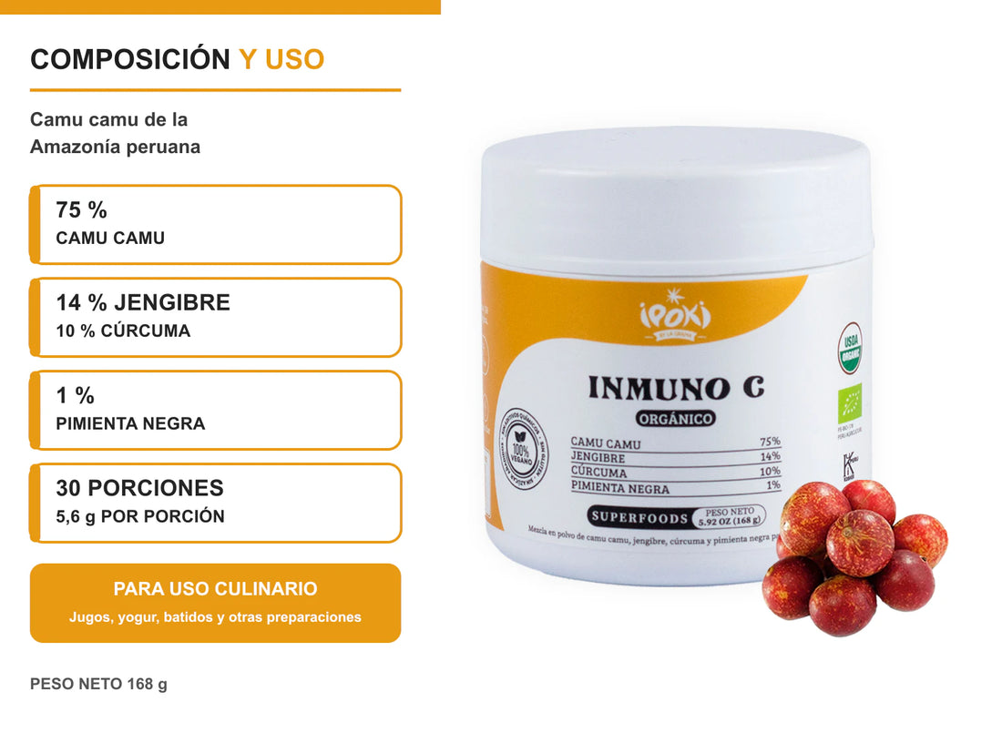 Frasco Inmuno C Ipoki junto a composición de 75 % camu camu, 14 % jengibre, 10 % cúrcuma y 1 % pimienta negra