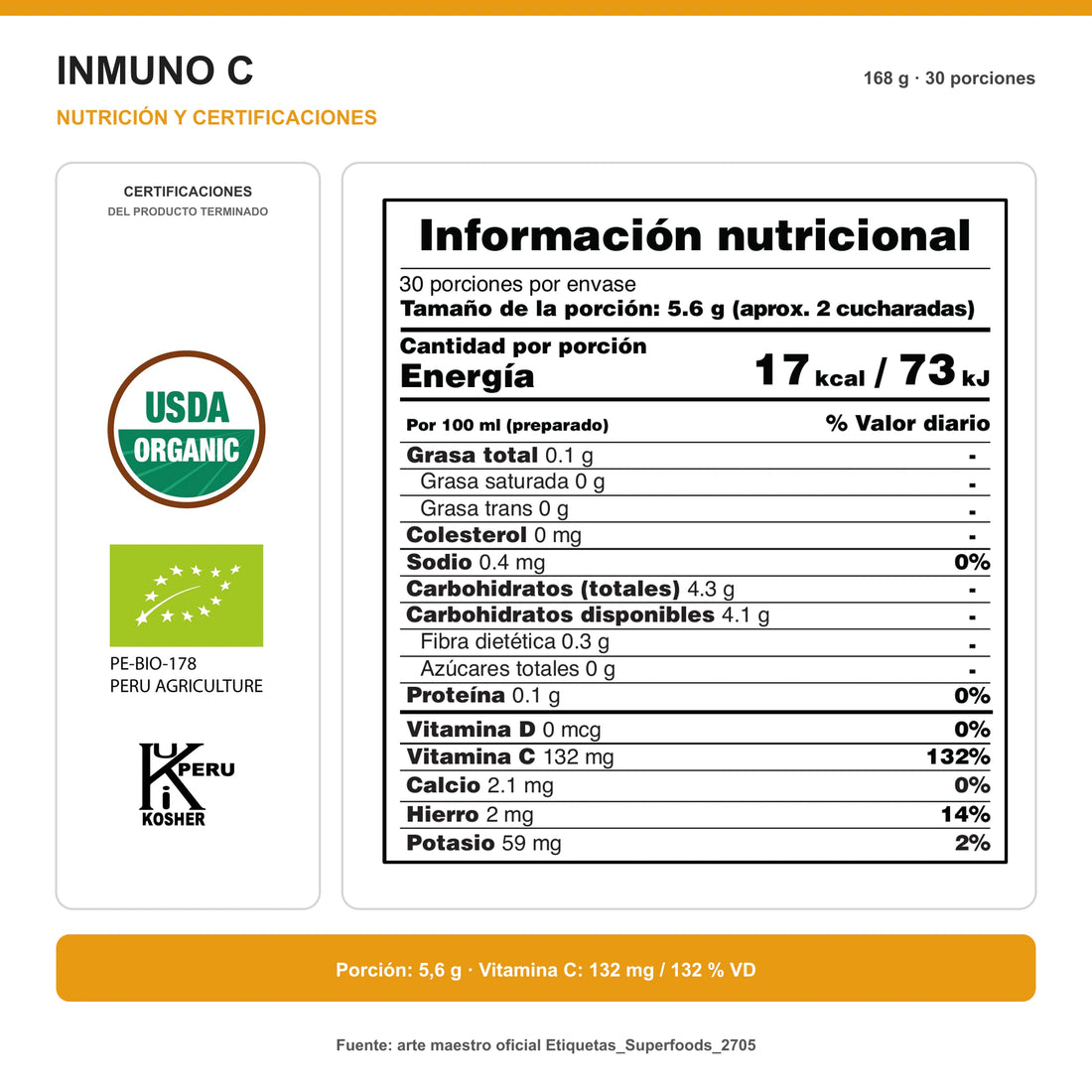 Tabla nutricional y certificaciones vigentes de Inmuno C: porción de 5,6 g y vitamina C 132 mg