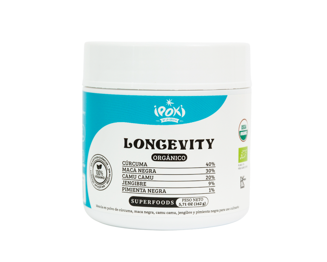 Longevity Ipoki – Blend de 5 superfoods orgánicos: cúrcuma, maca, camu camu Frasco Longevity Ipoki 162 g, blend de superfoods peruanos orgánicos