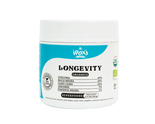 Longevity Ipoki – Blend de 5 superfoods orgánicos: cúrcuma, maca, camu camu Frasco Longevity Ipoki 162 g, blend de superfoods peruanos orgánicos