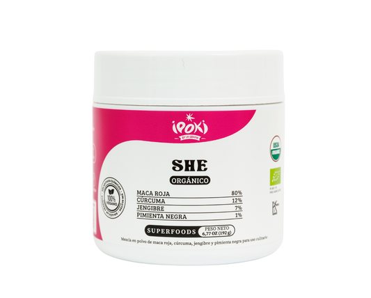 She Ipoki – Maca roja, cúrcuma y jengibre orgánicos, bienestar femenino Frasco She Ipoki 192 g, maca roja orgánica certificada