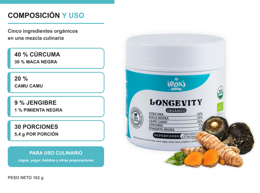 Frasco Longevity Ipoki junto a composición de 40 % cúrcuma, 30 % maca negra, 20 % camu camu, 9 % jengibre y 1 % pimienta negra