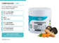 Frasco Longevity Ipoki junto a composición de 40 % cúrcuma, 30 % maca negra, 20 % camu camu, 9 % jengibre y 1 % pimienta negra
