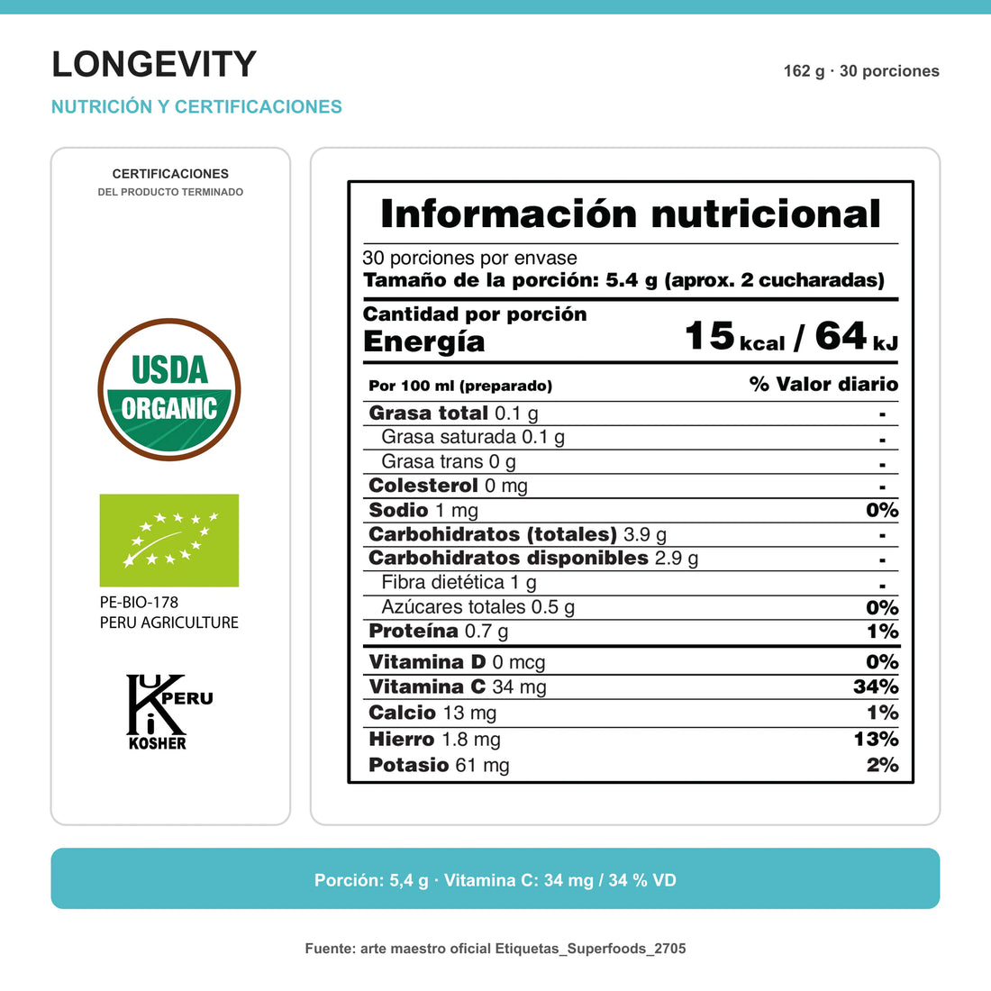 Tabla nutricional y certificaciones vigentes de Longevity: porción de 5,4 g y vitamina C 34 mg
