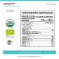 Tabla nutricional y certificaciones vigentes de Longevity: porción de 5,4 g y vitamina C 34 mg